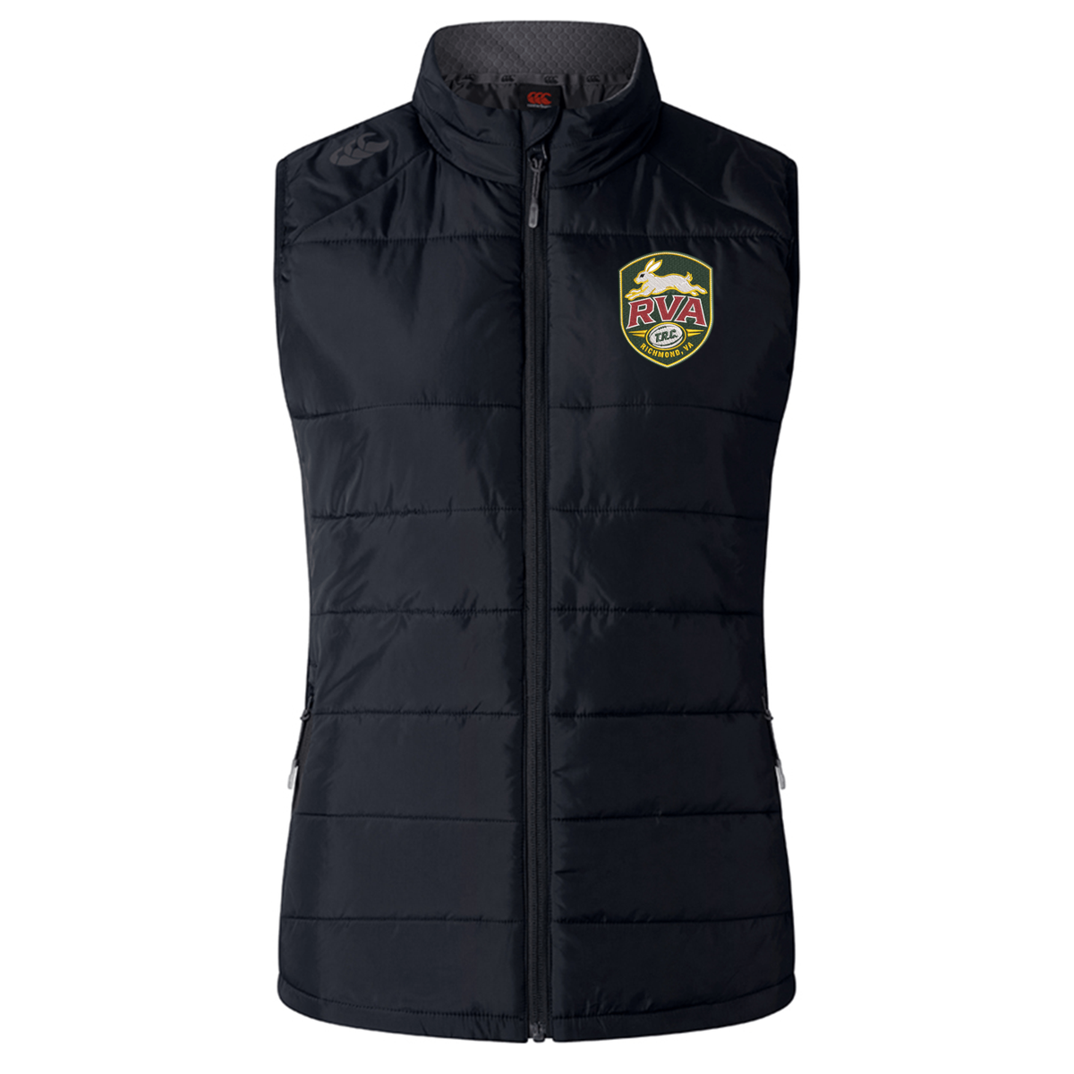 The RVA T.R.C. Women’s Elite Microlite Gilet by EMB Canterbury is a black, sleeveless puffer vest featuring a front zipper, two zippered pockets, and an RVA FC crest logo on the left chest. This women’s gilet combines stylish design with the comfort of Thermoreg fleece for enhanced warmth.