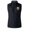 The RVA T.R.C. Women’s Elite Microlite Gilet by EMB Canterbury is a black, sleeveless puffer vest featuring a front zipper, two zippered pockets, and an RVA FC crest logo on the left chest. This women’s gilet combines stylish design with the comfort of Thermoreg fleece for enhanced warmth.