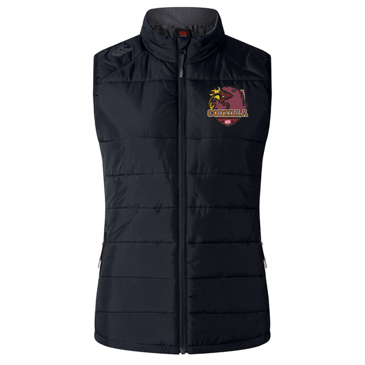 The EMB Canterbury Godzilla Rugby Football Club Women’s Elite Microlite Gilet by Canterbury is a black quilted vest with a zip-up front and side pockets, featuring a maroon cougar patch and “COUGARS” text on the left chest. Designed as an insulated gilet, it offers added warmth and is perfect for layering during cooler weather.