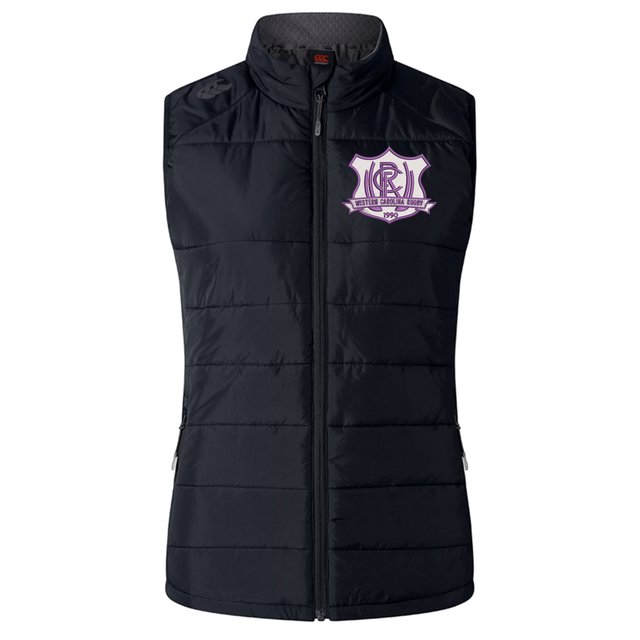 Black quilted Western Carolina University Women’s Elite Microlite Gilet by Canterbury featuring a zip-up front and a team logo on the left chest.