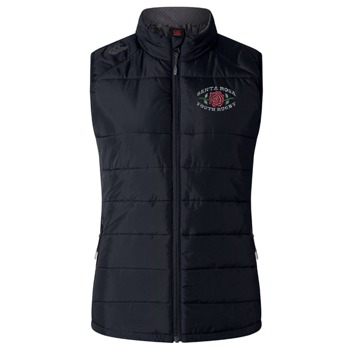 Introducing the Santa Rosa Youth Rugby Women’s Elite Microlite Gilet by Canterbury, crafted by EMB Canterbury. This custom-made sportswear vest features a sleeveless black quilted insulated fleece design, with a front zipper, stand-up collar, and the “Santa Rosa Youth Rugby” logo on the left chest. Two zippered side pockets complete this women’s elite gilet for a functional and stylish finish.