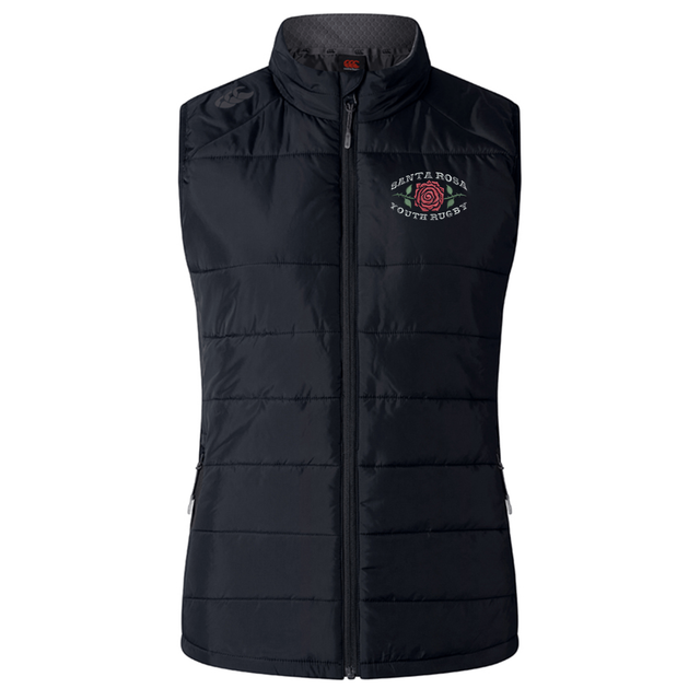 Introducing the Santa Rosa Youth Rugby Women’s Elite Microlite Gilet by Canterbury, crafted by EMB Canterbury. This custom-made sportswear vest features a sleeveless black quilted insulated fleece design, with a front zipper, stand-up collar, and the “Santa Rosa Youth Rugby” logo on the left chest. Two zippered side pockets complete this women’s elite gilet for a functional and stylish finish.