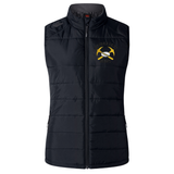 Black quilted Mother Lode Women’s Elite Microlite Gilet by Canterbury with a high collar and a logo on the chest featuring two crossed pickaxes and a rugby ball with the text “Mother Lode Rugby.”