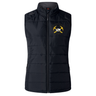 Black quilted Mother Lode Women’s Elite Microlite Gilet by Canterbury with a high collar and a logo on the chest featuring two crossed pickaxes and a rugby ball with the text “Mother Lode Rugby.”
