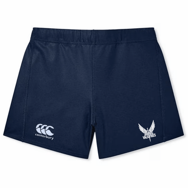 Brunswick Valkyries Women's Yokohama Shorts by EMB Canterbury in navy blue, made from Vapodri fabric and adorned with the CCC logo on the left and a Valkyries logo on the right.