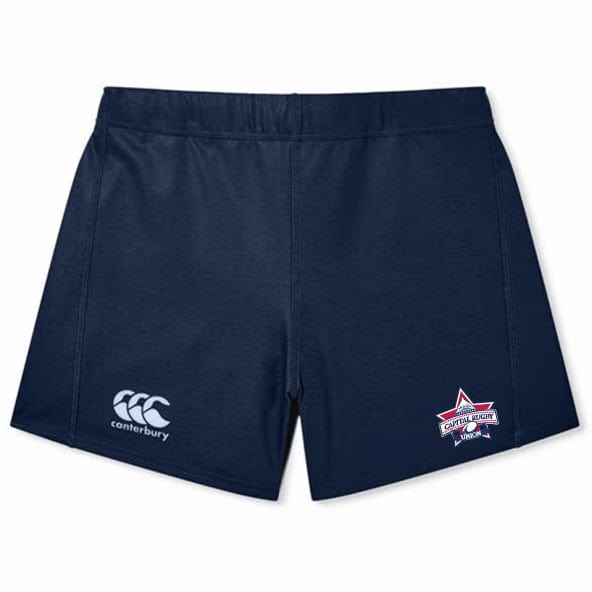 The Capital Selects Women's Yokohama Short by EMB Canterbury offers navy sports shorts with a white Canterbury logo on the left and a star-shaped "Craftsbury Outdoor Center" logo on the right. These shorts are crafted from lightweight, durable fabric and enhanced with Vapodri Technology, ensuring superior comfort and performance.