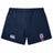 The Claremont Colleges Women's Yokohama Shorts by EMB Canterbury, in navy blue, feature the CCC logo on the left leg and "The Clash 201" emblem on the right leg, and are crafted from lightweight durable fabric.