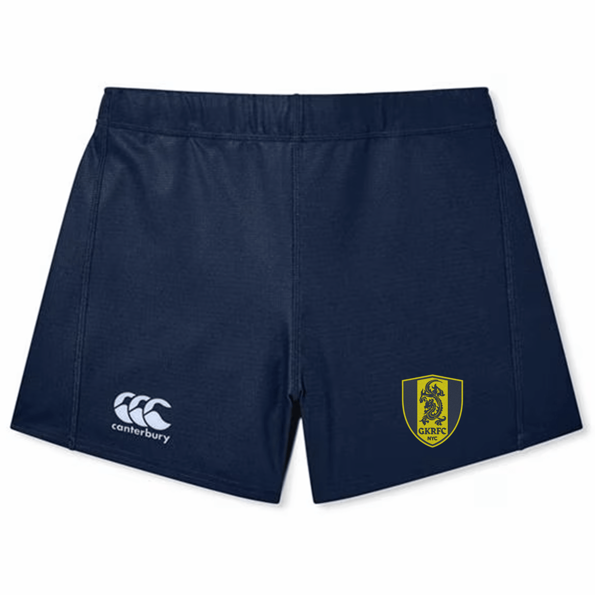 The Gotham Knights Women's Yokohama Shorts by Canterbury feature a navy blue design with the Canterbury logo on the left and a GRRFC shield emblem on the right. They have a gathered waistband with a silicone gripper for added comfort and are made from lightweight, durable Vapodri fabric to keep you cool and dry.