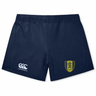 The Gotham Knights Women's Yokohama Shorts by Canterbury feature a navy blue design with the Canterbury logo on the left and a GRRFC shield emblem on the right. They have a gathered waistband with a silicone gripper for added comfort and are made from lightweight, durable Vapodri fabric to keep you cool and dry.