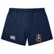The CenCal Youth Bullard Women's Yokohama Shorts by EMB Canterbury come in navy blue and showcase the Canterbury logo on the left side with a heraldic crest on the right, crafted using Vapodri Fabric for superior comfort.
