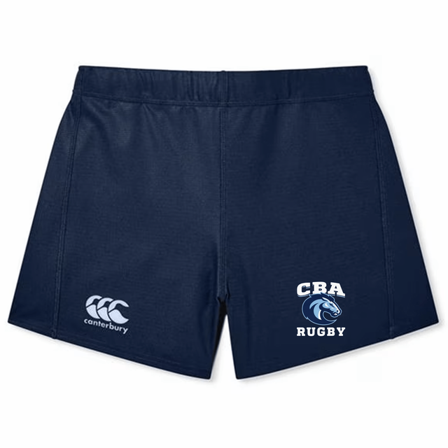 The EMB Canterbury Christian Brothers Academy Rugby Women's Yokohama Shorts feature a "CBA Rugby" and Canterbury logo on the front. Made from durable fabric, these blue shorts offer a comfortable fit for matches and training sessions.