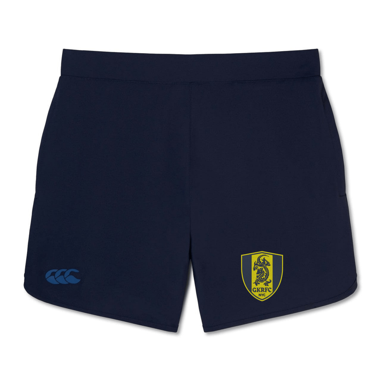 Introducing the Gotham Knights Elite Woven Short by Canterbury from EMB Canterbury: navy blue gym shorts showcasing a yellow and black emblem on the right leg and a blue logo on the left leg, engineered for lightweight comfort to elevate your training experience.