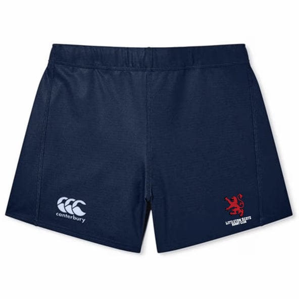 The Littleton Scots Rugby Women's Yokohama Short by EMB Canterbury, featuring the iconic Canterbury logo, is crafted from Vapodri fabric. These navy shorts boast a vibrant red emblem with a lion and the "Mini/Junior Scots" text, providing both style and functionality.