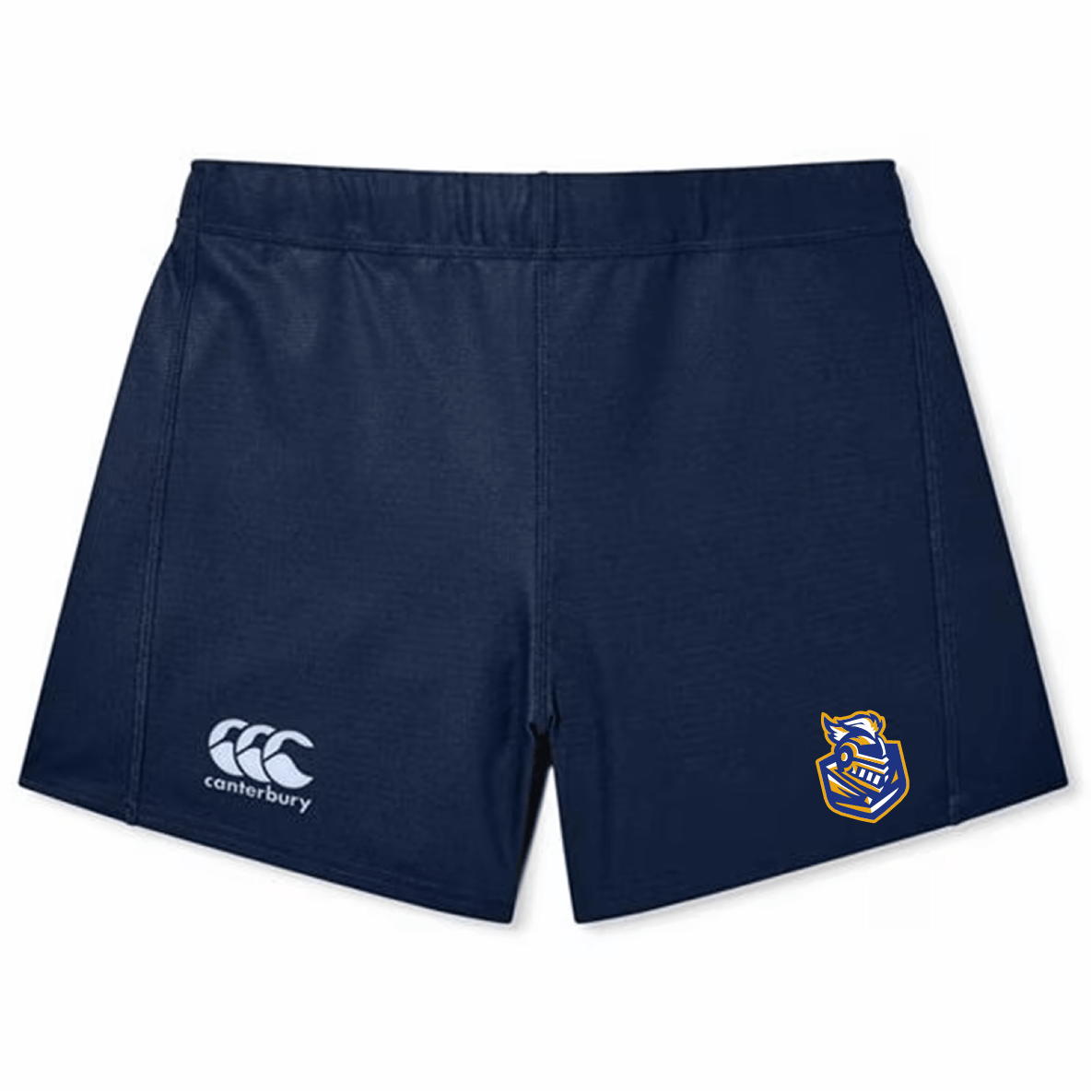 The Malden Catholic Rugby Women's Yokohama Short by EMB Canterbury is a pair of navy blue shorts featuring the Canterbury logo on the left and a shield emblem on the right, crafted with durable Vapodri fabric for ultimate performance.
