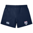 The Panther Rugby Academy Women's Yokohama Short by EMB Canterbury, made from lightweight Vapodri fabric in navy blue, showcases the Canterbury logo on the left and a Panthers Academy emblem on the right.