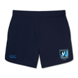 The Minneapolis Mayhem Rugby Women’s Elite Woven Short by Canterbury from EMB Canterbury showcases a navy blue design with a light blue “Minneapolis Mayhem Rugby” logo on the left leg and a small Canterbury logo on the right. Tailored for women, these athletic training shorts blend sporty style with performance for your active routine.