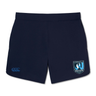 The Minneapolis Mayhem Rugby Women’s Elite Woven Short by Canterbury from EMB Canterbury showcases a navy blue design with a light blue “Minneapolis Mayhem Rugby” logo on the left leg and a small Canterbury logo on the right. Tailored for women, these athletic training shorts blend sporty style with performance for your active routine.