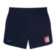 The Montgomery Bucks Griffins Women's Elite Woven Short by EMB Canterbury features a navy blue design, a blue Canterbury logo on the left leg, a red and white shield emblem on the right, and secure zippered pockets for storage.