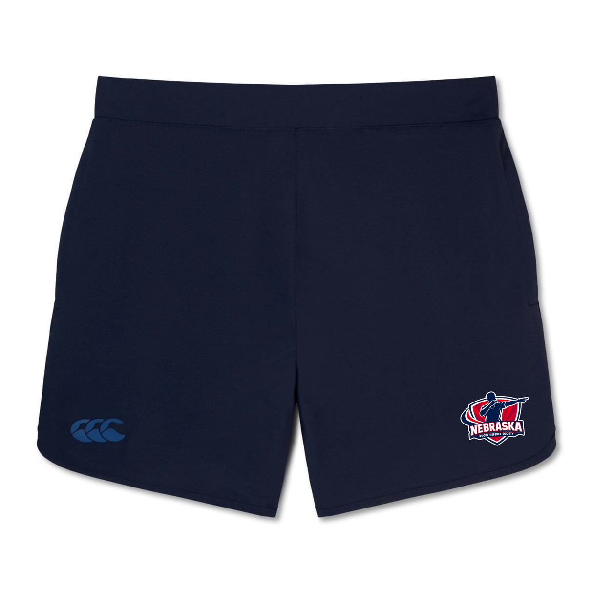 The Nebraska Rugby Referee Society Women's Elite Woven Short by Canterbury features zippered pockets, a small Canterbury logo on the left leg, and a Nebraska team logo on the right. Brand: EMB Canterbury.