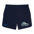 Navy Canterbury University of New Hampshire Women’s Elite Woven Shorts with a wildcat “MEN’S RUGBY” logo on the left leg, a brand logo on the right, and zippered pockets.