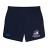 Navy SUNY Maritime Men’s Rugby Women’s Elite Woven Short by Canterbury featuring a Maritime Rugby logo on the right leg, a logo on the left, and zippered pockets.