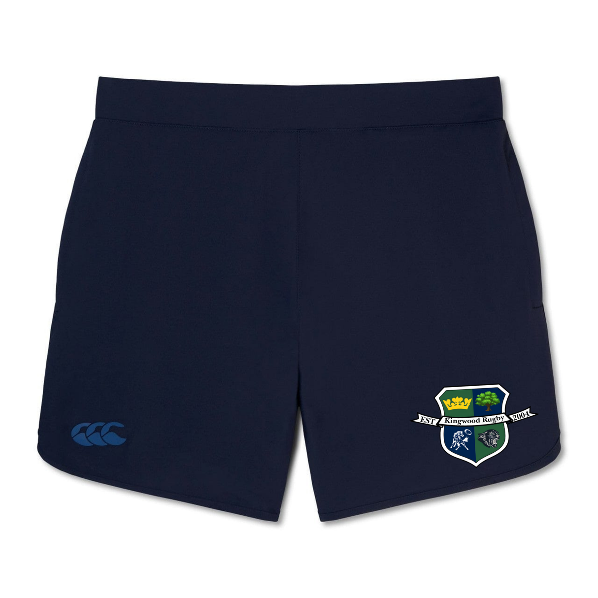 The Kingwood Rugby Women's Elite Woven Short by EMB Canterbury features a colorful embroidered crest and white banner on the right leg, zippered pockets, and a small blue logo on the left—perfect for active days.
