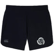 The Missoula All-Maggots Women's Elite Woven Short by EMB Canterbury features a black design with a striking white spiral pattern on one leg and a subtle white logo on the other. These women's athletic training shorts include convenient zippered pockets for secure storage, and are shown against a white background.