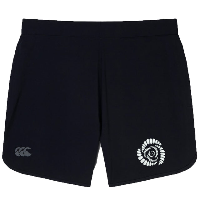 The Missoula All-Maggots Women's Elite Woven Short by EMB Canterbury features a black design with a striking white spiral pattern on one leg and a subtle white logo on the other. These women's athletic training shorts include convenient zippered pockets for secure storage, and are shown against a white background.