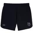 The EMB Canterbury Cypress Warriors Men's Rugby Women's Elite Woven Short features black fabric, a white CCC logo on the left leg, a multicolored team crest on the right, and zippered pockets for secure storage.