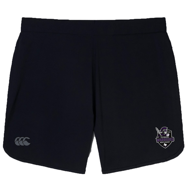 The EMB Canterbury Cypress Warriors Men's Rugby Women's Elite Woven Short features black fabric, a white CCC logo on the left leg, a multicolored team crest on the right, and zippered pockets for secure storage.