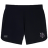 The EMB Canterbury Cypress Warriors Men's Rugby Women's Elite Woven Short features black fabric, a white CCC logo on the left leg, a multicolored team crest on the right, and zippered pockets for secure storage.