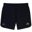 The Chicago Riot Women's Elite Woven Short by EMB Canterbury features a small white logo on the left leg, a yellow and white "Concord Rugby" crest on the right, and convenient zippered pockets for secure storage.