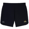 The Chicago Riot Women's Elite Woven Short by EMB Canterbury features a small white logo on the left leg, a yellow and white "Concord Rugby" crest on the right, and convenient zippered pockets for secure storage.