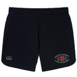 Introducing the Santa Rosa Youth Rugby Women’s Elite Woven Short by EMB Canterbury—black training shorts featuring the iconic Canterbury logo on the left leg and a Santa Rosa Youth Rugby rose emblem on the right. Designed for top performance, these women’s shorts also offer zippered pockets for secure storage.