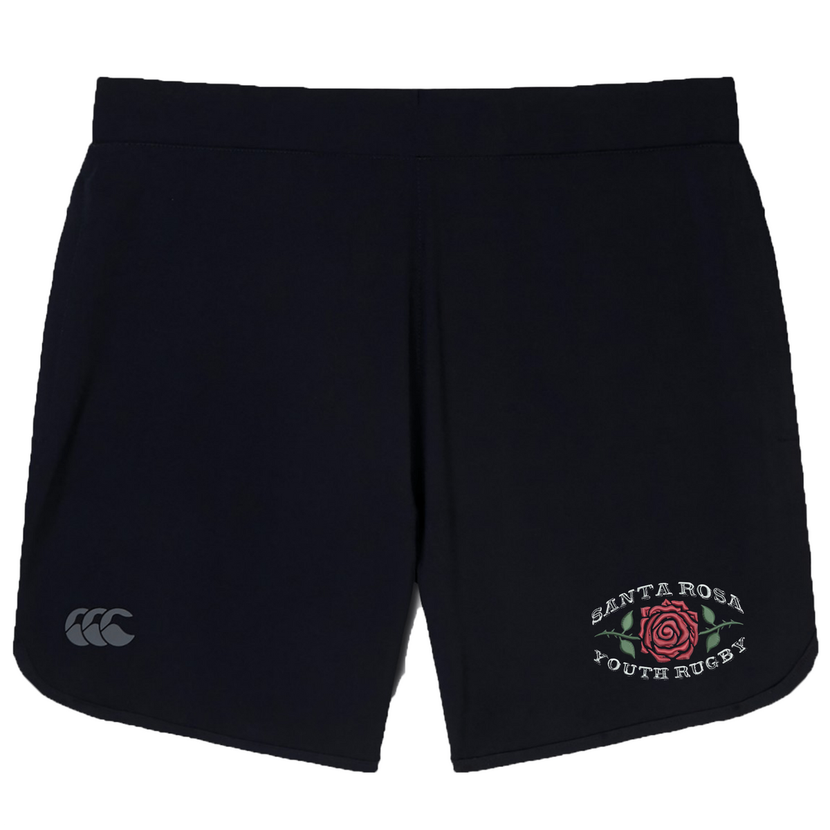 Introducing the Santa Rosa Youth Rugby Women’s Elite Woven Short by EMB Canterbury—black training shorts featuring the iconic Canterbury logo on the left leg and a Santa Rosa Youth Rugby rose emblem on the right. Designed for top performance, these women’s shorts also offer zippered pockets for secure storage.