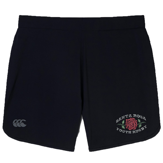 Introducing the Santa Rosa Youth Rugby Women’s Elite Woven Short by EMB Canterbury—black training shorts featuring the iconic Canterbury logo on the left leg and a Santa Rosa Youth Rugby rose emblem on the right. Designed for top performance, these women’s shorts also offer zippered pockets for secure storage.