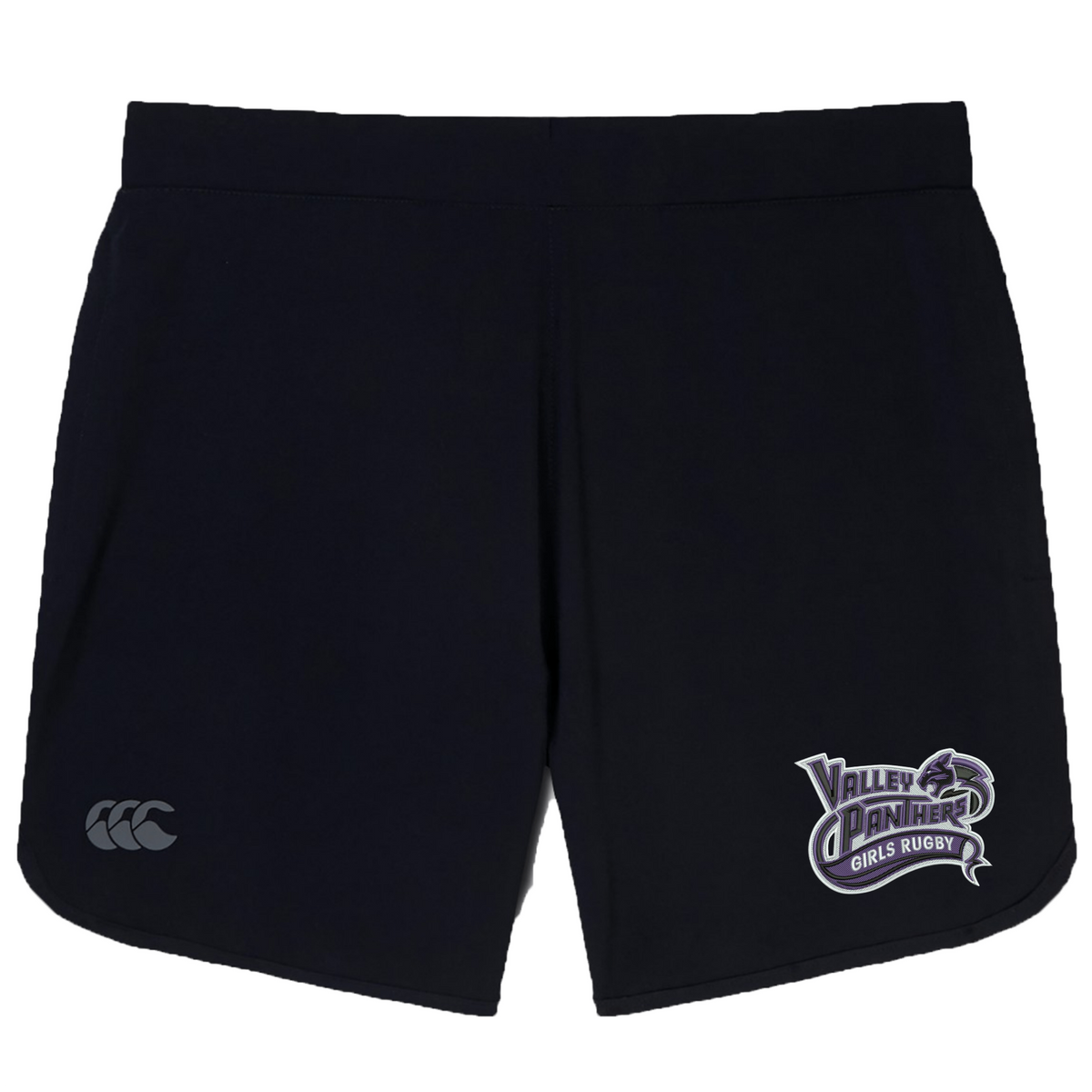Introducing the Valley Panthers Girls Rugby Women’s Elite Woven Short by EMB Canterbury—premium gym shorts for women featuring the official “Valley Panthers Girls Rugby” logo on the right leg and a white Canterbury logo on the left. Designed for performance, these training shorts include convenient zippered pockets to securely store your essentials during workouts.