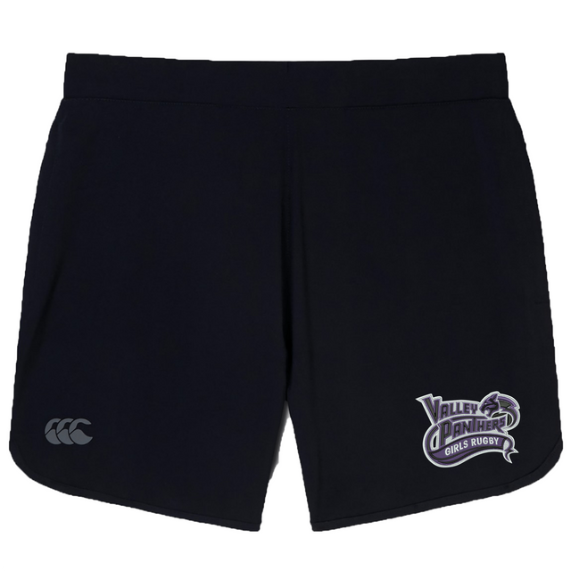 Introducing the Valley Panthers Girls Rugby Women’s Elite Woven Short by EMB Canterbury—premium gym shorts for women featuring the official “Valley Panthers Girls Rugby” logo on the right leg and a white Canterbury logo on the left. Designed for performance, these training shorts include convenient zippered pockets to securely store your essentials during workouts.