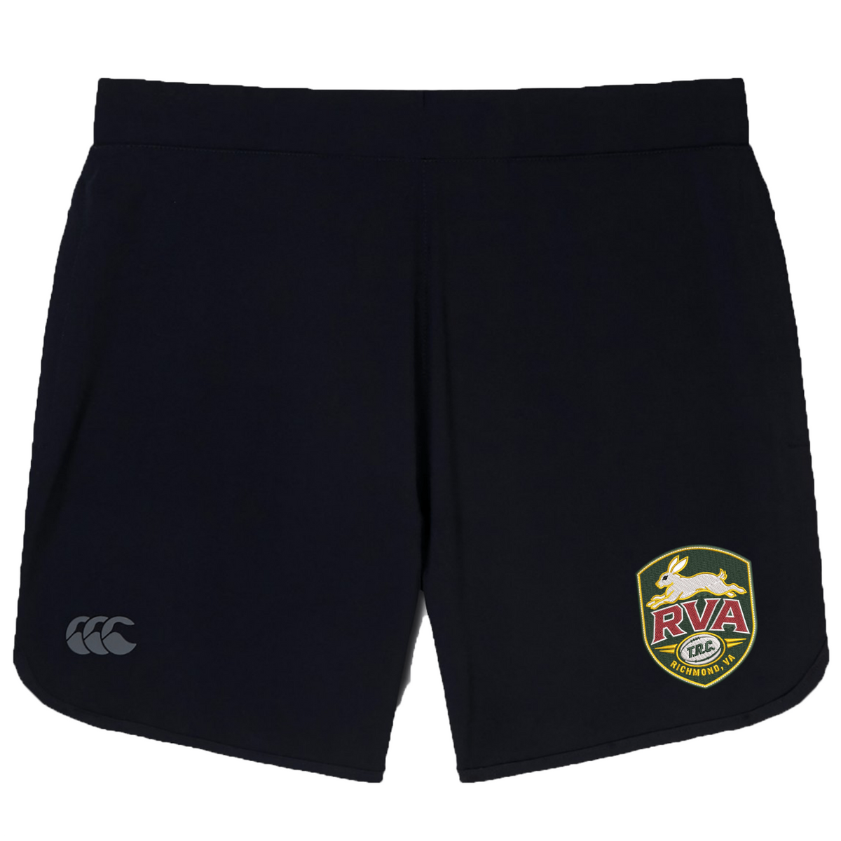 Introducing the RVA T.R.C. Women’s Elite Woven Short by Canterbury, crafted by EMB Canterbury. These black athletic training shorts feature a CCC logo on the left leg and a distinctive yellow, red, and black RVA rugby crest on the right leg. Designed for both comfort and performance, these women’s gym shorts are equipped with practical zippered pockets to securely store your essentials.