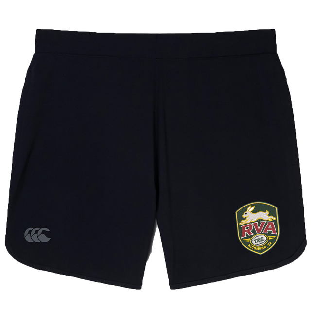 Introducing the RVA T.R.C. Women’s Elite Woven Short by Canterbury, crafted by EMB Canterbury. These black athletic training shorts feature a CCC logo on the left leg and a distinctive yellow, red, and black RVA rugby crest on the right leg. Designed for both comfort and performance, these women’s gym shorts are equipped with practical zippered pockets to securely store your essentials.