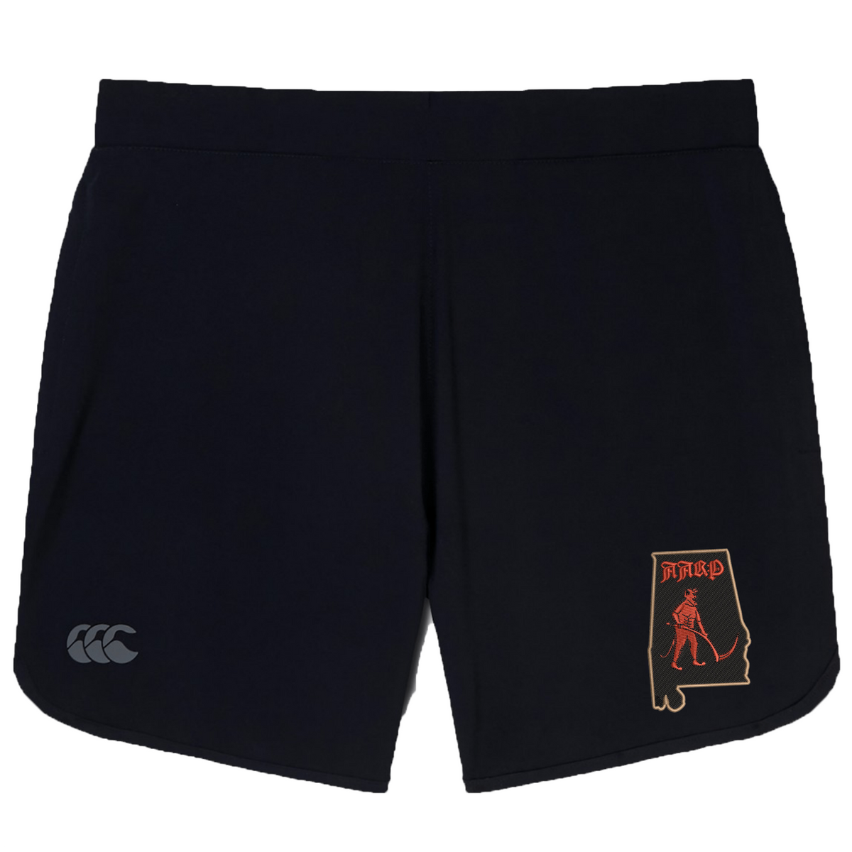 Aging Alabama Rugby Players Women’s Elite Woven Short by Canterbury featuring a logo of the state of Alabama with a grim reaper graphic and the text “HARD.”.