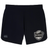 Black ICRON Women’s Elite Woven Short by Canterbury featuring a logo on the left leg and a shield-shaped graphic with a rugby ball and the text “ICRON” on the right leg.