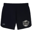 Black ICRON Women’s Elite Woven Short by Canterbury featuring a logo on the left leg and a shield-shaped graphic with a rugby ball and the text “ICRON” on the right leg.