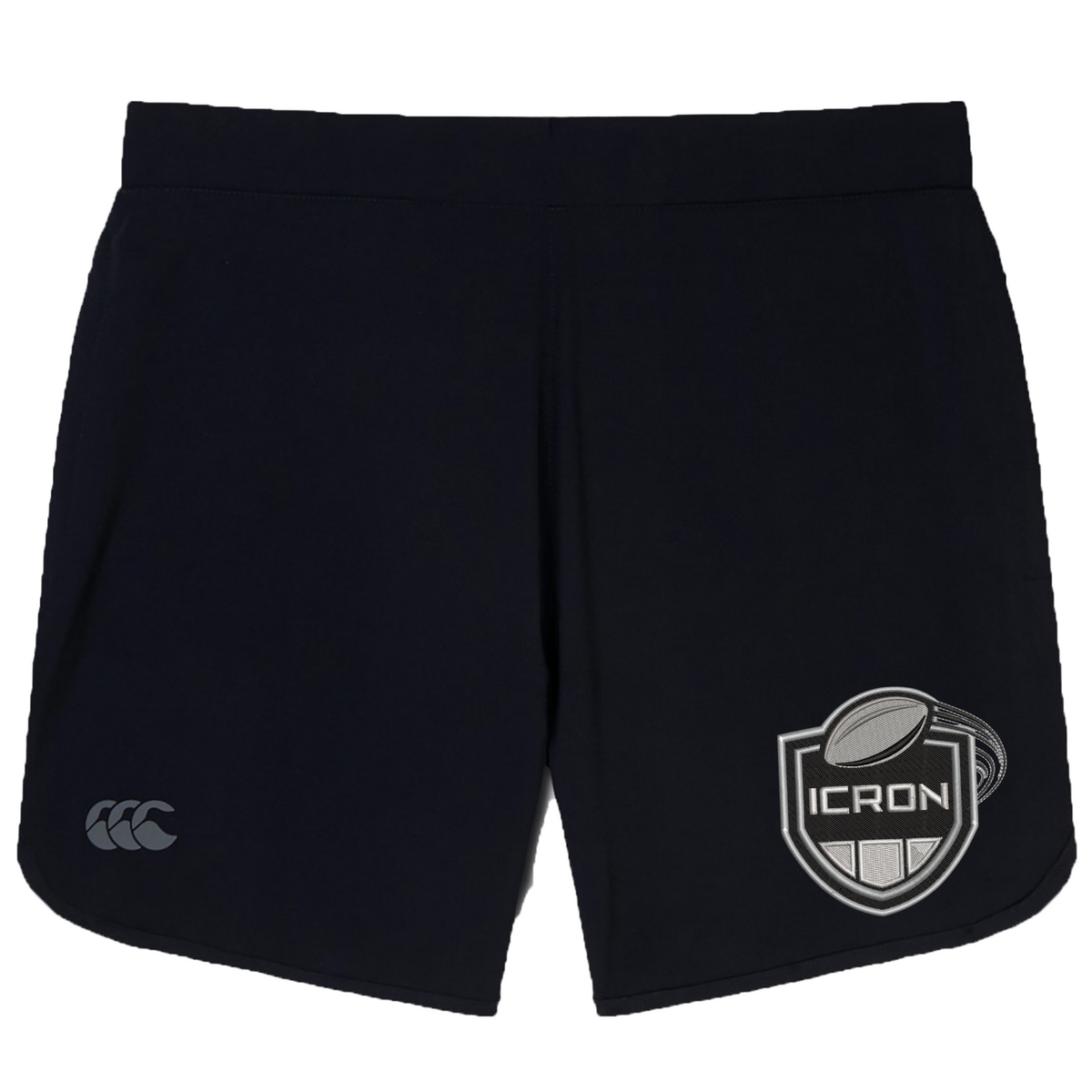 Black ICRON Women’s Elite Woven Short by Canterbury featuring a logo on the left leg and a shield-shaped graphic with a rugby ball and the text “ICRON” on the right leg.