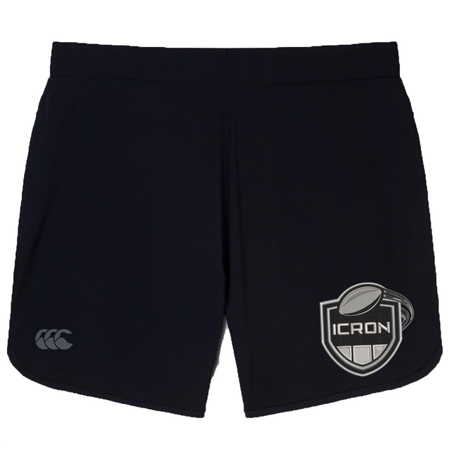 Black ICRON Women’s Elite Woven Short by Canterbury featuring a logo on the left leg and a shield-shaped graphic with a rugby ball and the text “ICRON” on the right leg.