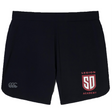 Black Legion Academy Women’s Elite Woven Short by Canterbury, featuring the Legion Academy logo on the right leg and a brand logo on the left.