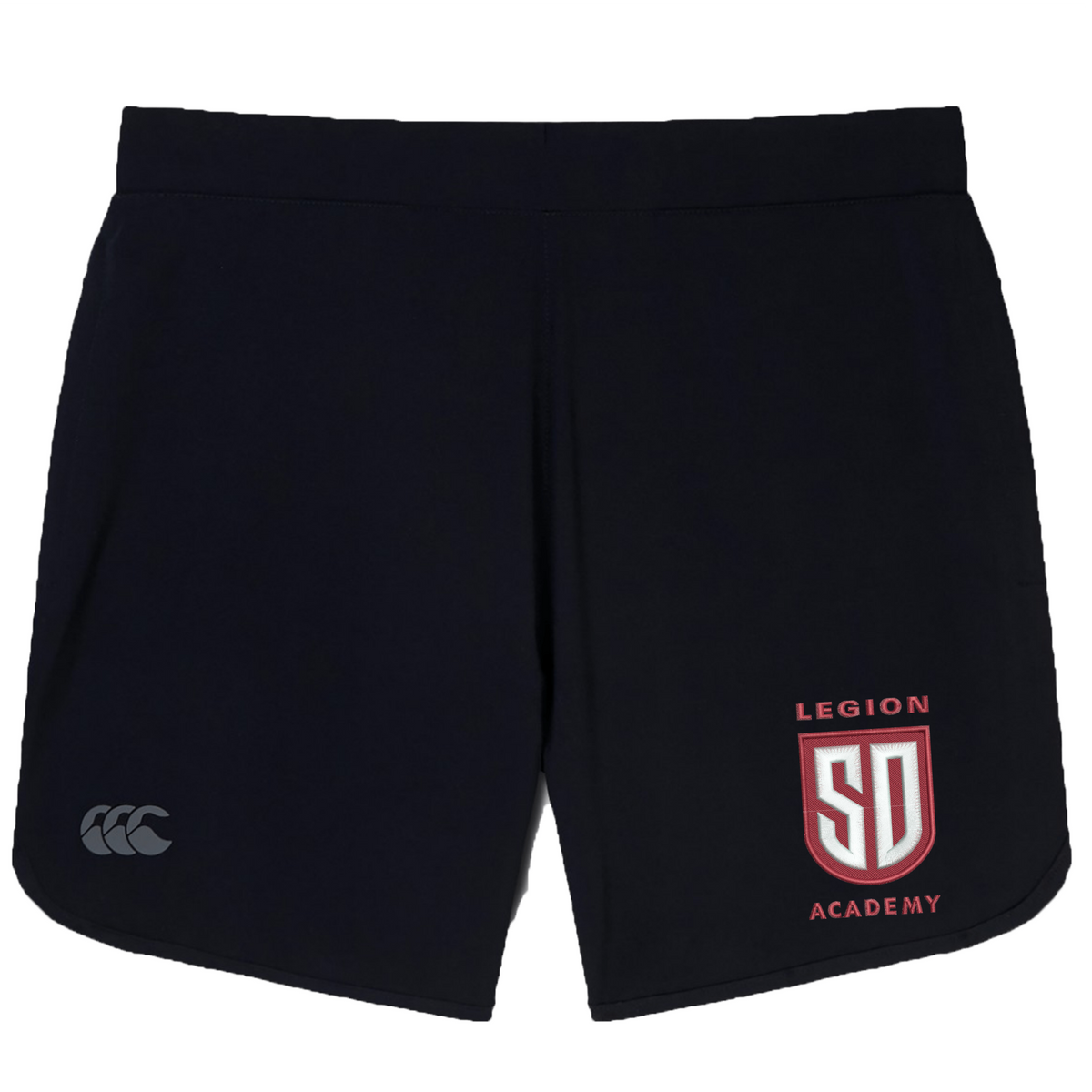 Black Legion Academy Women’s Elite Woven Short by Canterbury, featuring the Legion Academy logo on the right leg and a brand logo on the left.