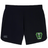 Rock Rugby Women’s Elite Woven Short by Canterbury in black, featuring a grey logo on the left hem and a green and black shield-shaped “Rock Rugby Lions” emblem on the right hem.