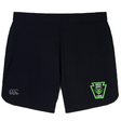 Rock Rugby Women’s Elite Woven Short by Canterbury in black, featuring a grey logo on the left hem and a green and black shield-shaped “Rock Rugby Lions” emblem on the right hem.