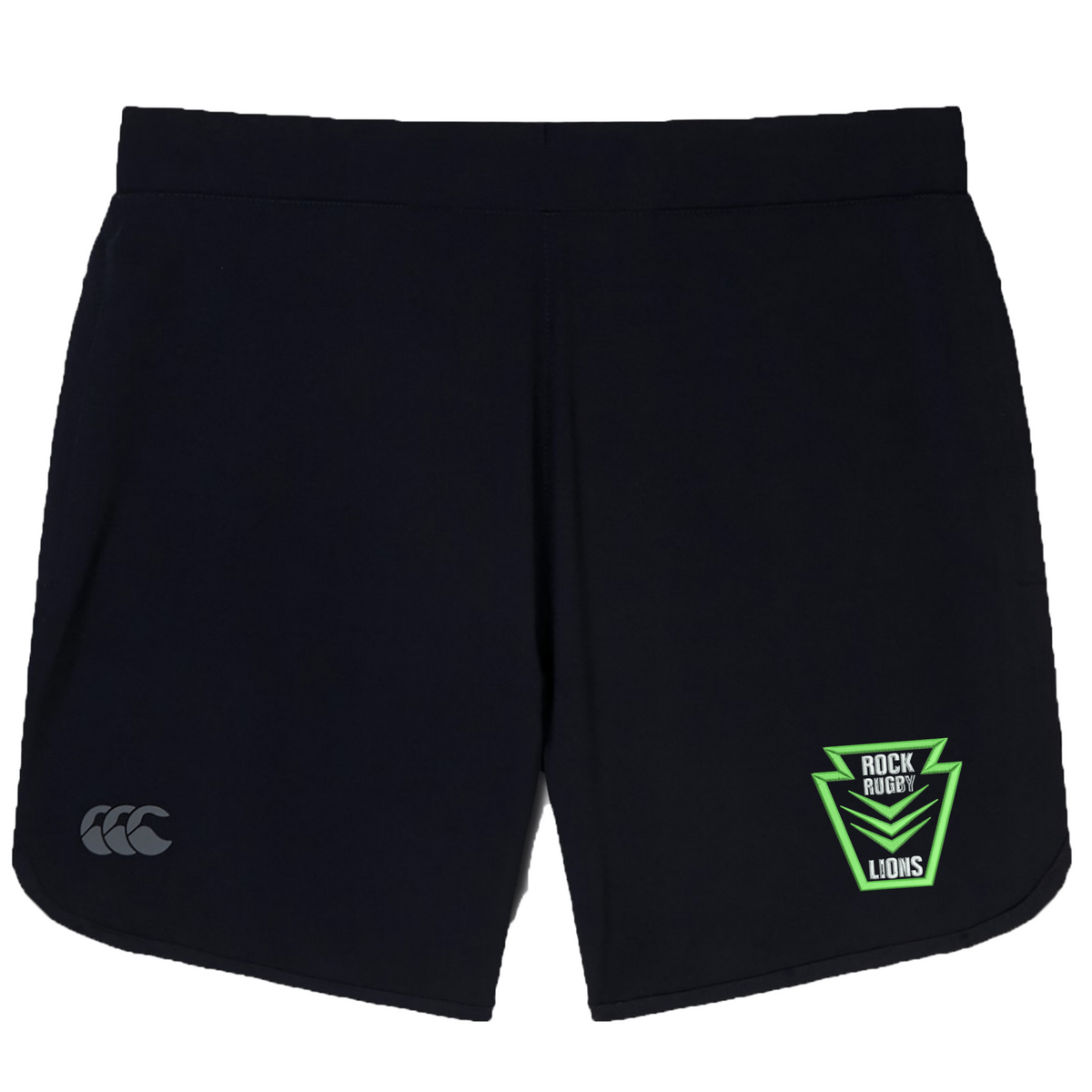 Rock Rugby Women’s Elite Woven Short by Canterbury in black, featuring a grey logo on the left hem and a green and black shield-shaped “Rock Rugby Lions” emblem on the right hem.
